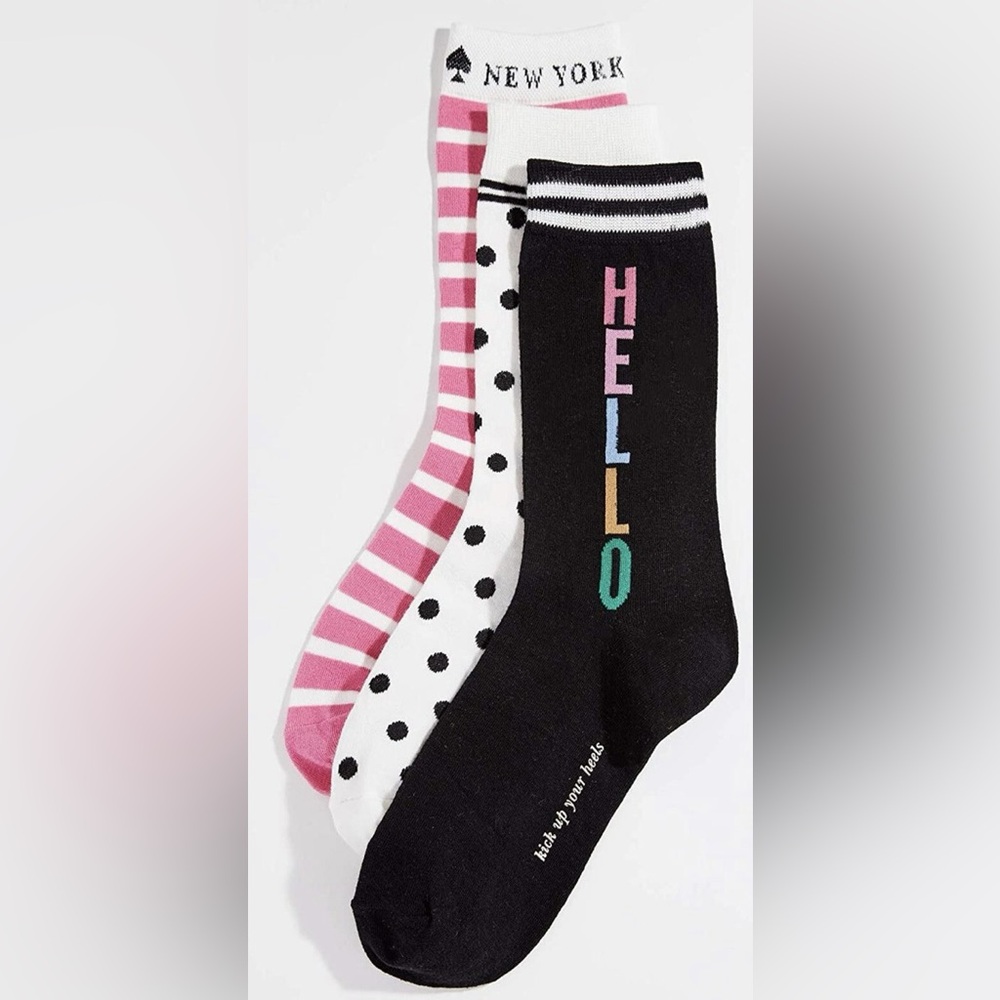 Kate Spade 3 pack crew socks in hello dot striped pink black white - 4/10 nwt